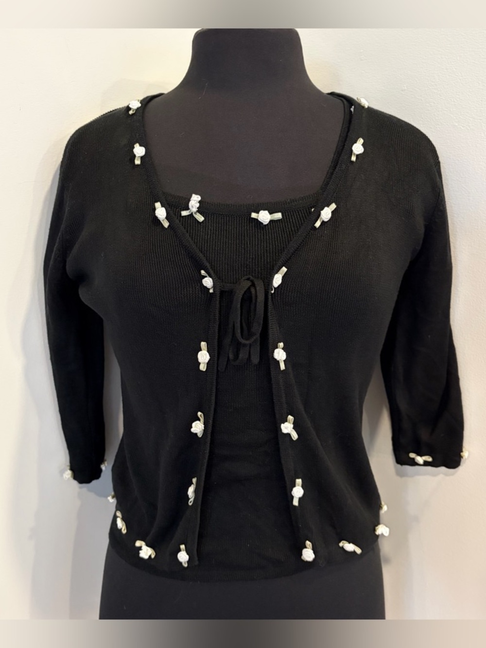 Vintage Joseph A. Silk Floral Sweater 2pc Set Petite S Black